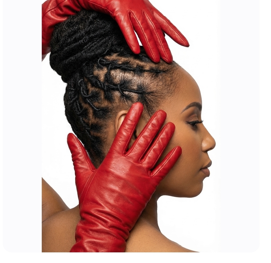 Locs — Editorial locs updo with red leather gloves