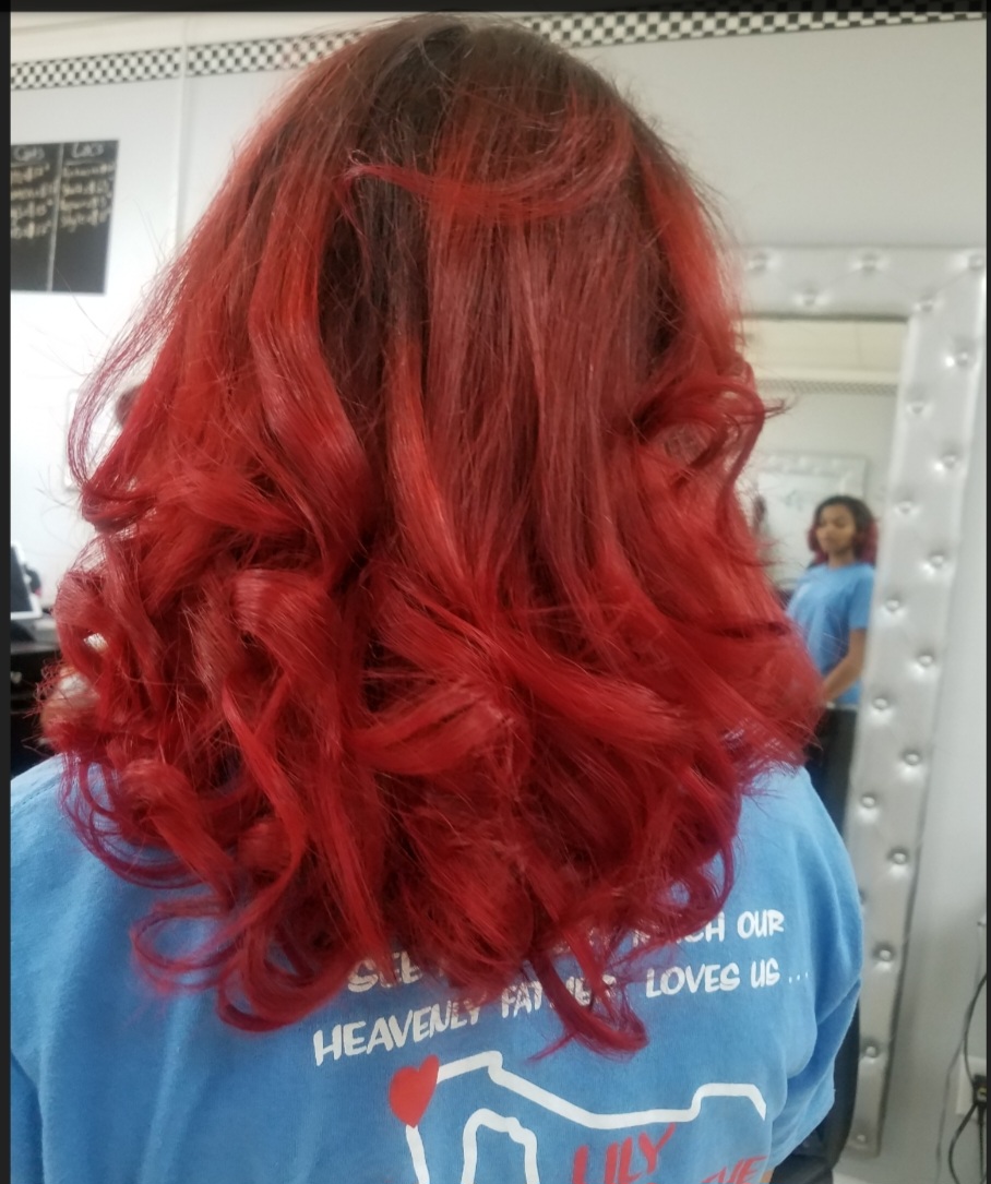 Hair Color — Vibrant Red Curls, back view